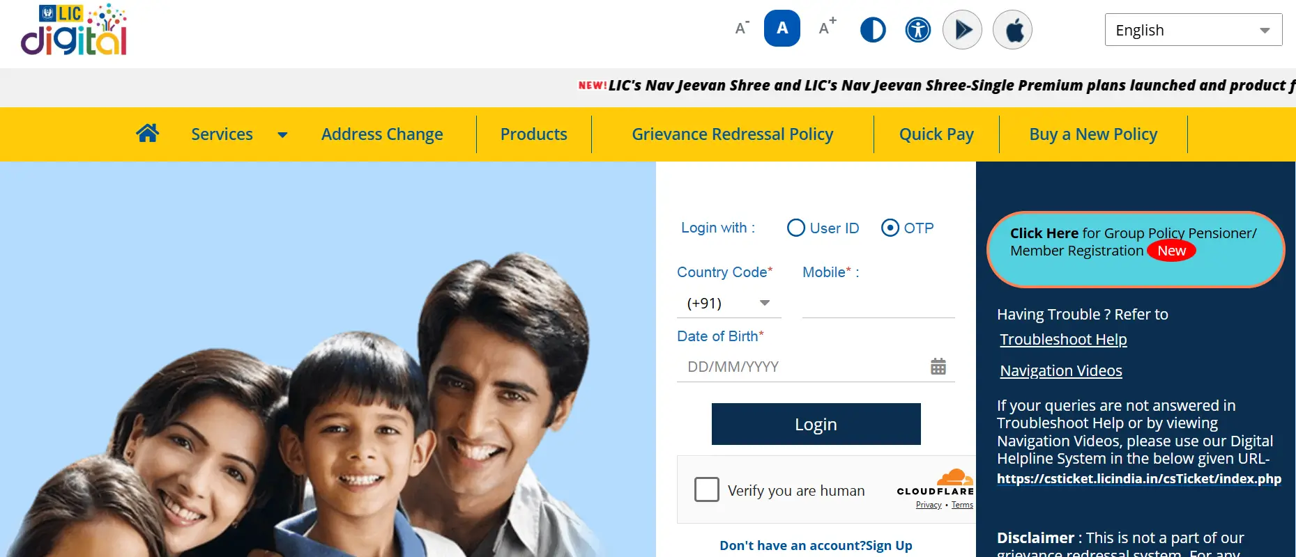 Choose Login with OTP, enter your mobile number and date of birth, and click Login.